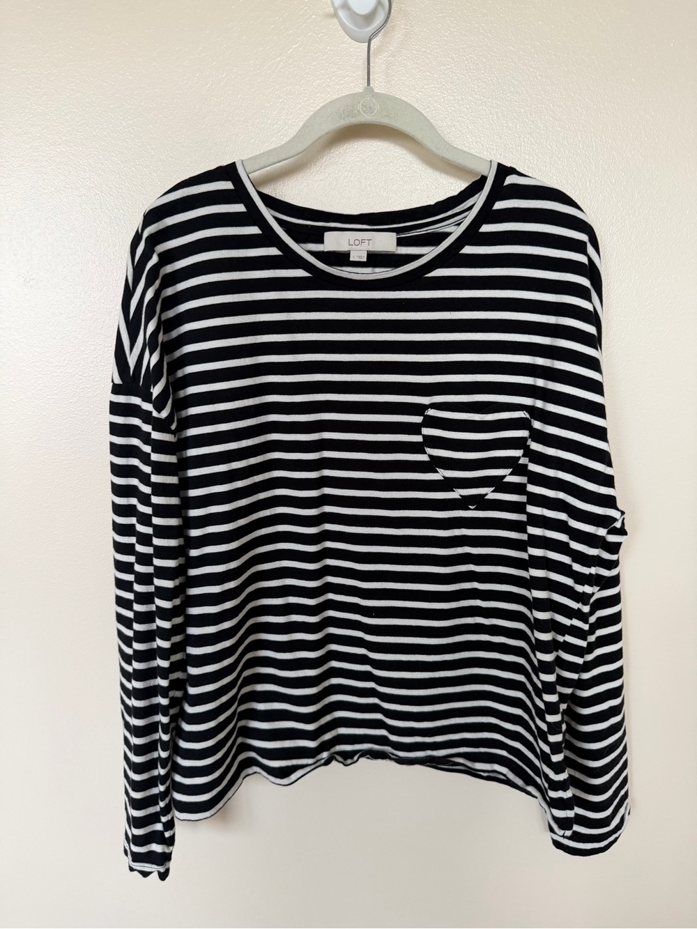LOFT Black & White Stripe Heart Pocket Long Sleeve